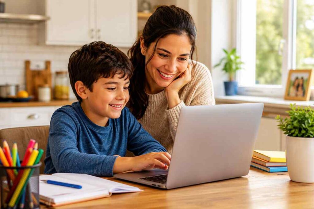 A parent helping her child log in to NCEdCloud on a laptop at home