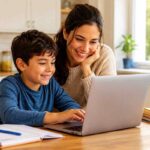 A parent helping her child log in to NCEdCloud on a laptop at home