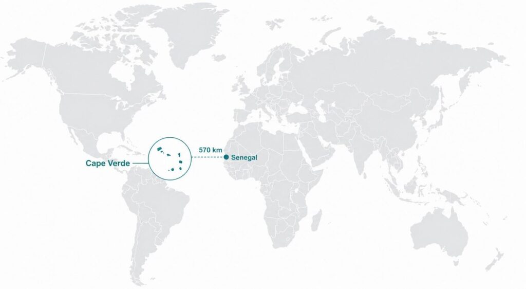 World map showing where is Cape Verde located in the North Atlantic Ocean, 570 km west of Senegal, West Africa