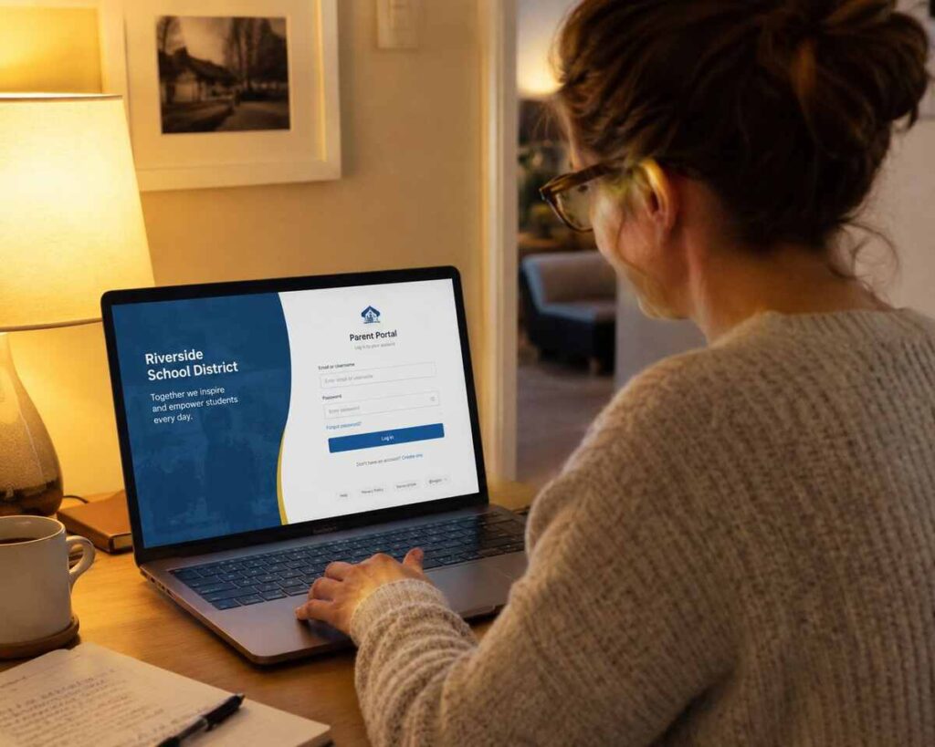 A parent logging into NCEDCloud login portal on a laptop at home