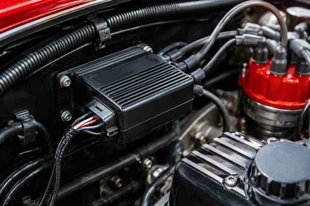 Timing advance processor mounted in engine bay with ignition wiring and distributor
