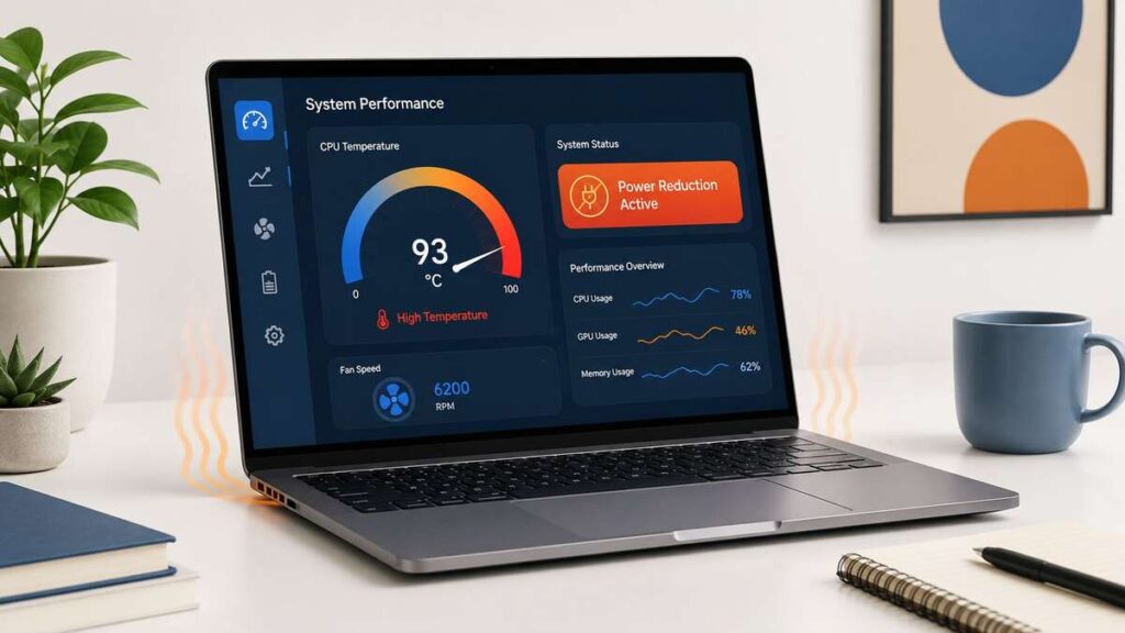 Laptop showing CPU temperature at 93°C with Power Reduction Active status on a system performance dashboard, indicating automatic power reduction triggered by overheating