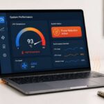 Laptop showing CPU temperature at 93°C with Power Reduction Active status on a system performance dashboard, indicating automatic power reduction triggered by overheating