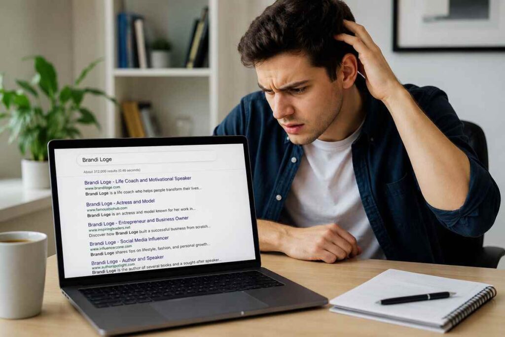 Man confused by multiple contradictory Brandi Loge Google search results on laptop screen