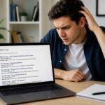 Man confused by multiple contradictory Brandi Loge Google search results on laptop screen