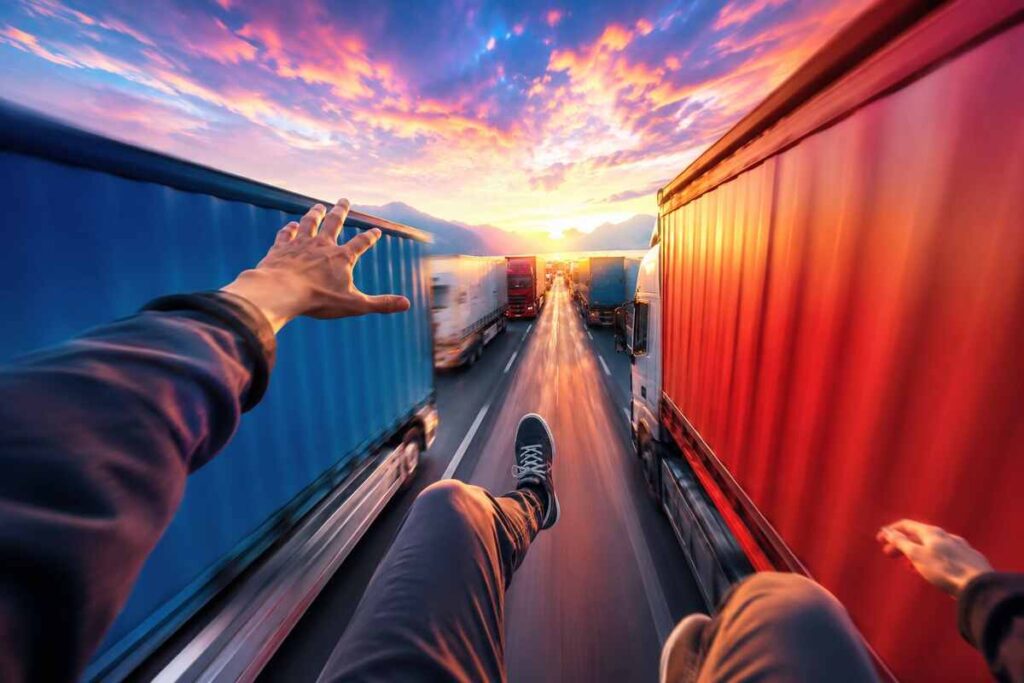 First-person view of a player jumping between two moving cargo trucks at sunset in Cluster Rush