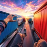 First-person view of a player jumping between two moving cargo trucks at sunset in Cluster Rush