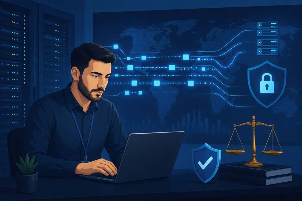 Is packet capture legal — network engineer analyzing data packets with legal scale icon