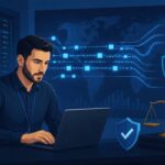 Is packet capture legal — network engineer analyzing data packets with legal scale icon