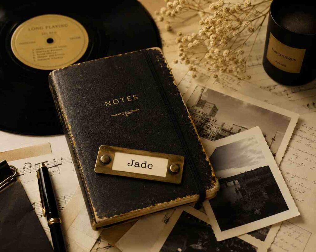 Vintage notebook labeled Jade with vinyl record and old photographs representing Lola Jade Fielder-Civil's connection to Amy Winehouse