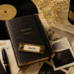 Vintage notebook labeled Jade with vinyl record and old photographs representing Lola Jade Fielder-Civil's connection to Amy Winehouse
