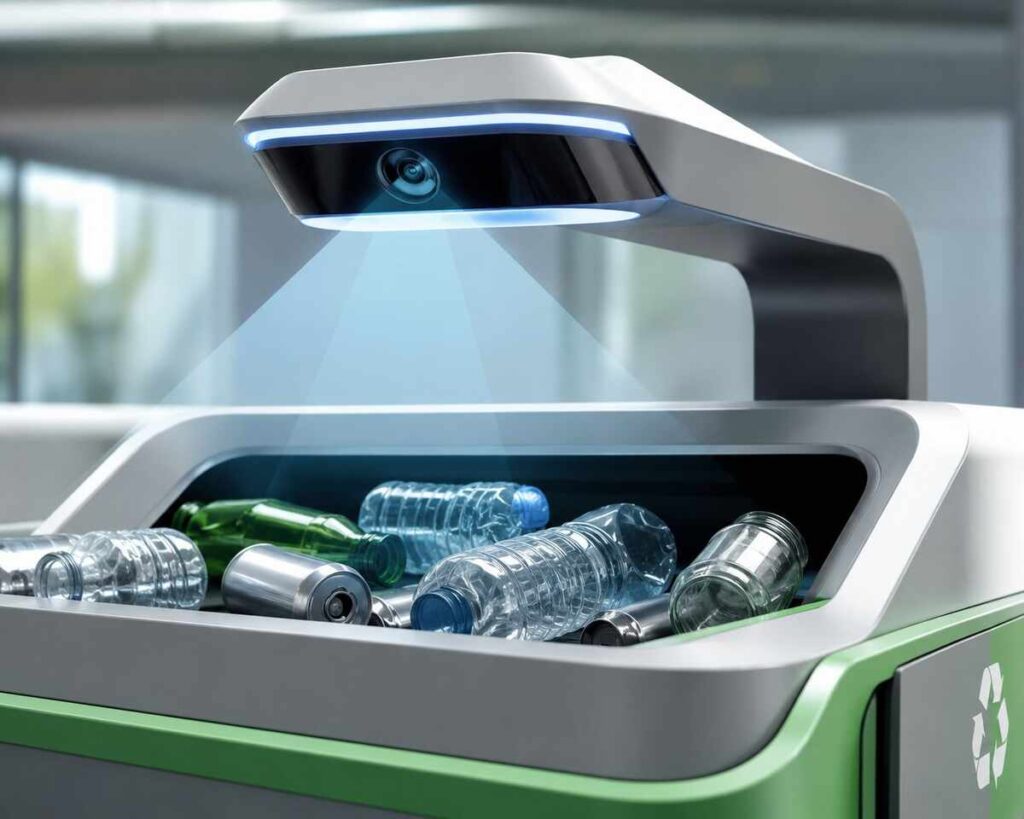 AI-powered MataRecycler smart bin sorting plastic, glass, and metal waste