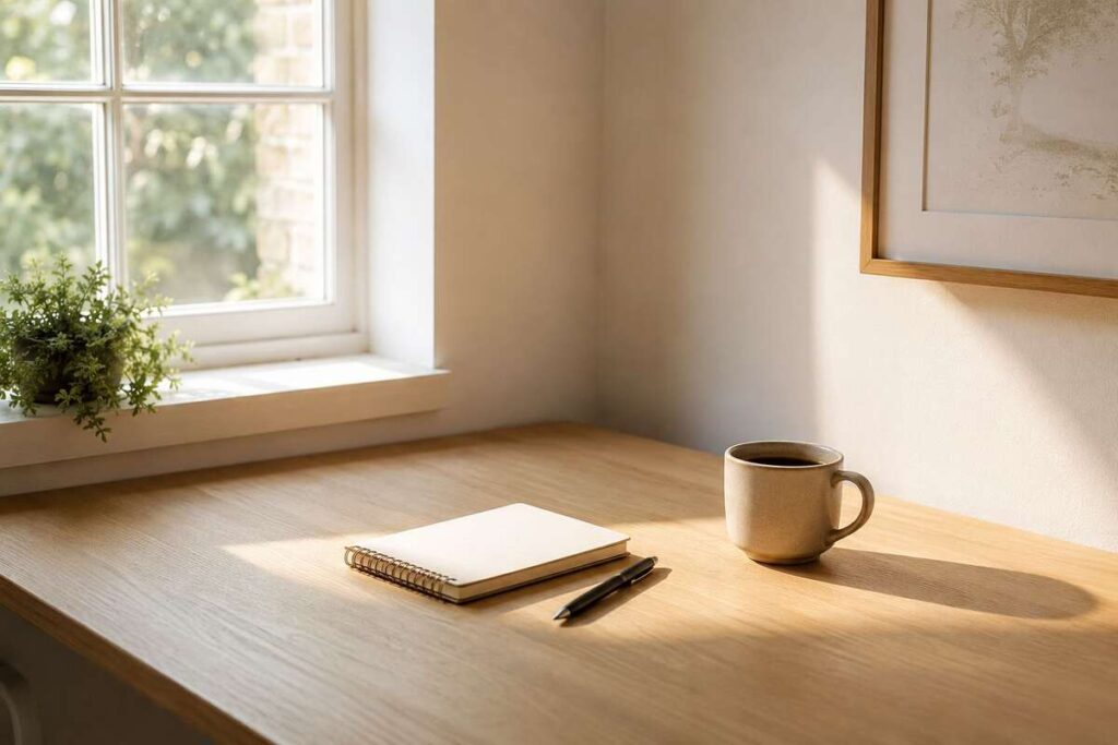 A minimal wooden desk with a notebook, pen, and coffee mug in warm natural light — representing the Merfez approach to intentional simplicity