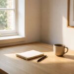 A minimal wooden desk with a notebook, pen, and coffee mug in warm natural light — representing the Merfez approach to intentional simplicity