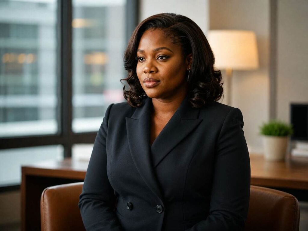 Mikey Lorna Tyson sitting confidently in a black blazer with a calm and thoughtful expression, representing her private and purposeful life beyond her father Mike Tyson's fame