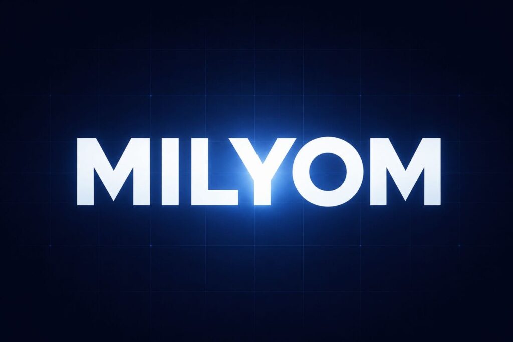 Milyom word in bold glowing typography on dark blue digital background