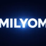 Milyom word in bold glowing typography on dark blue digital background