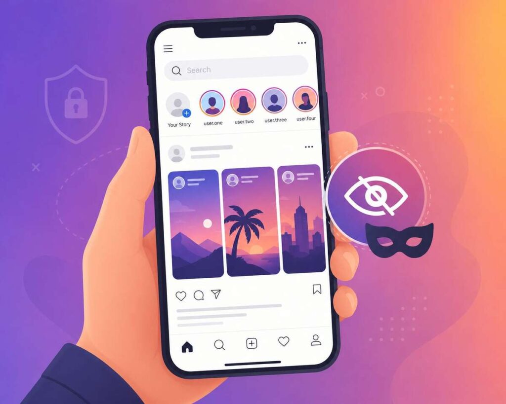 Smartphone with social media stories and a privacy mask icon, representing anonymous viewing tools like Mollygram