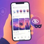 Smartphone with social media stories and a privacy mask icon, representing anonymous viewing tools like Mollygram