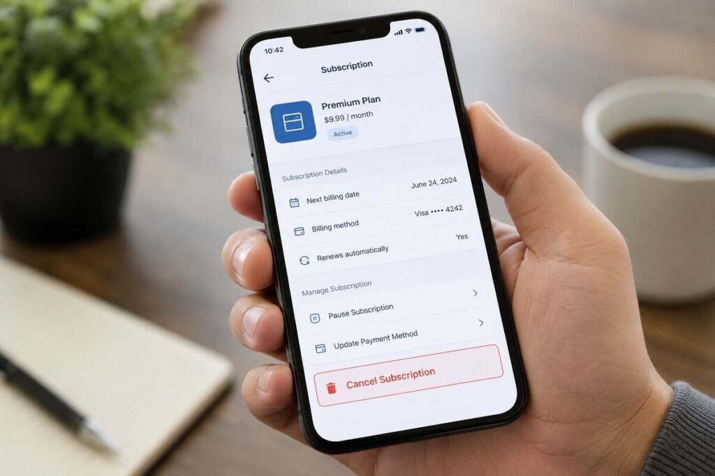 MyIQ com cancellation screen showing Cancel Subscription button on smartphone