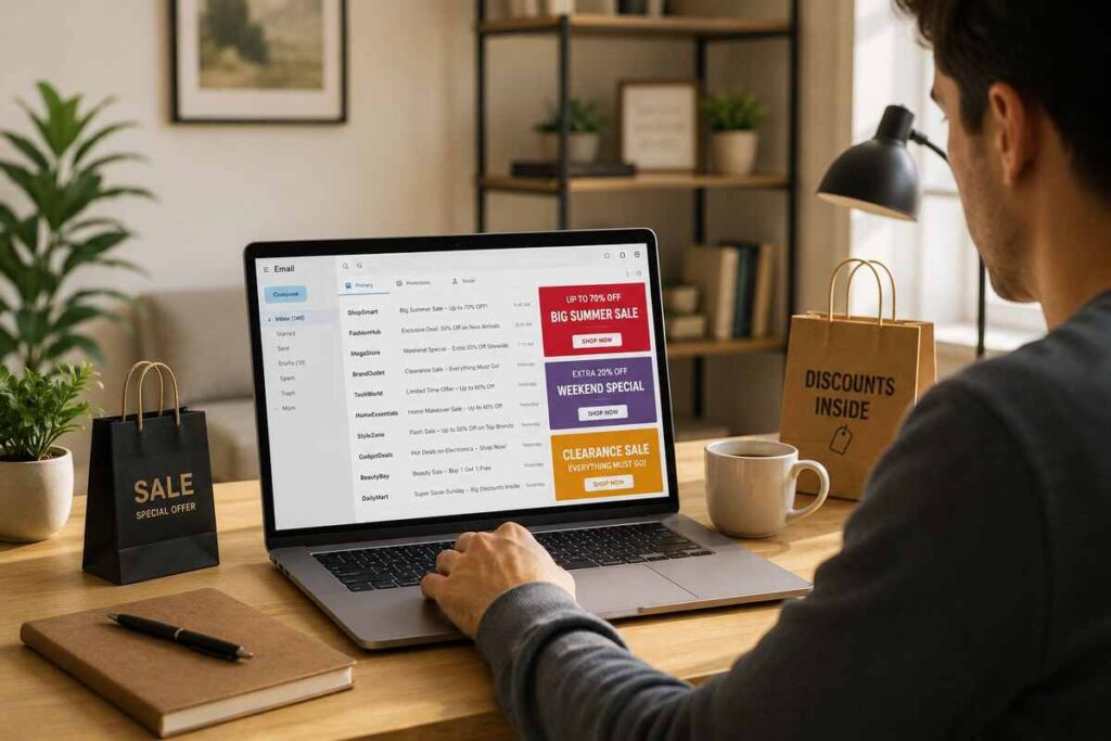 Person checking newsletter shopping deals and discount codes on a laptop