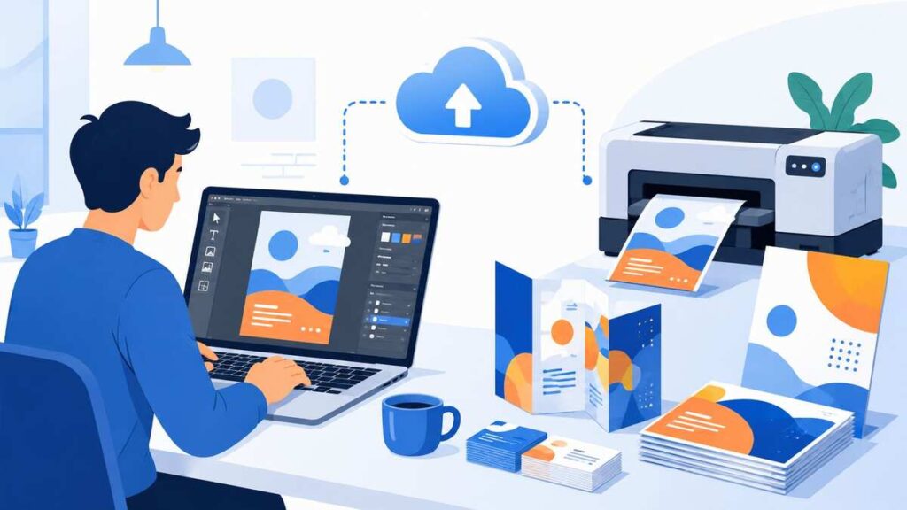Designing a flyer in Printely with cloud sync to a printer producing brochures and cards