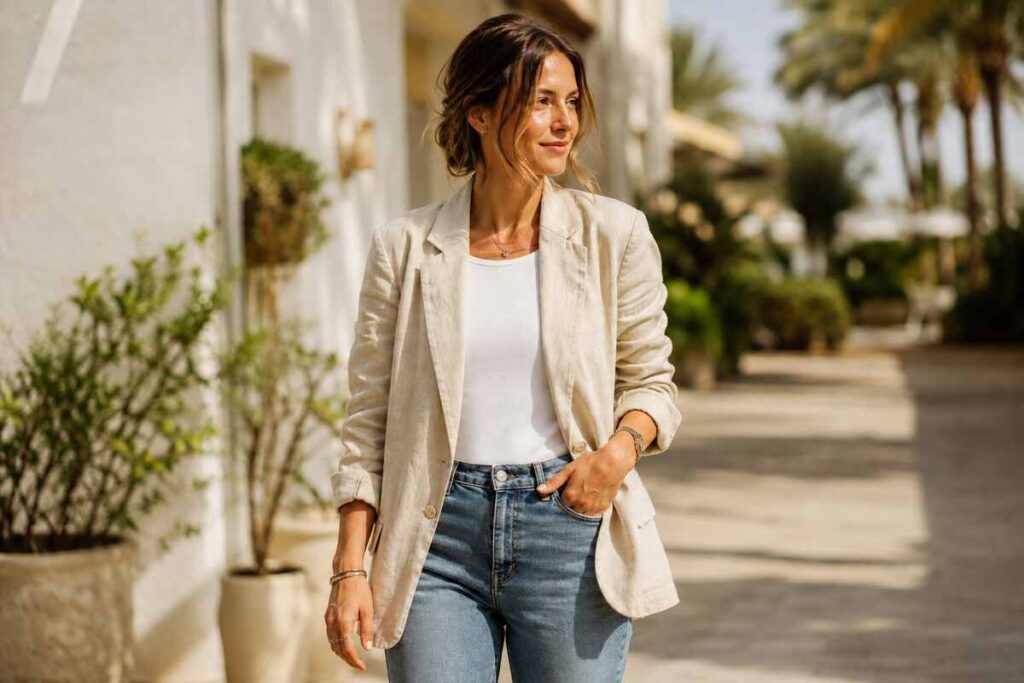 Woman wearing a beige linen summer blazertje with jeans and a white tank top