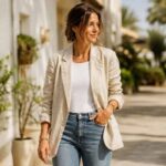 Woman wearing a beige linen summer blazertje with jeans and a white tank top
