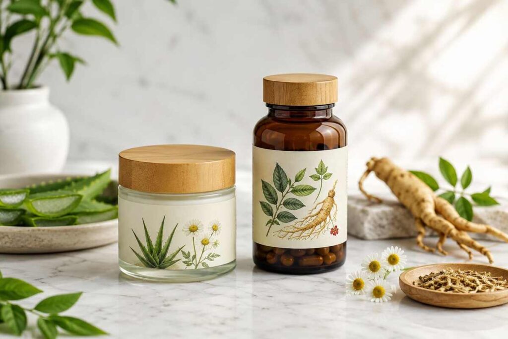 Vitilinox cream jar and supplement bottle with natural herbal ingredients on marble surface