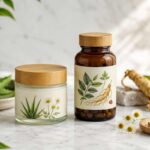 Vitilinox cream jar and supplement bottle with natural herbal ingredients on marble surface