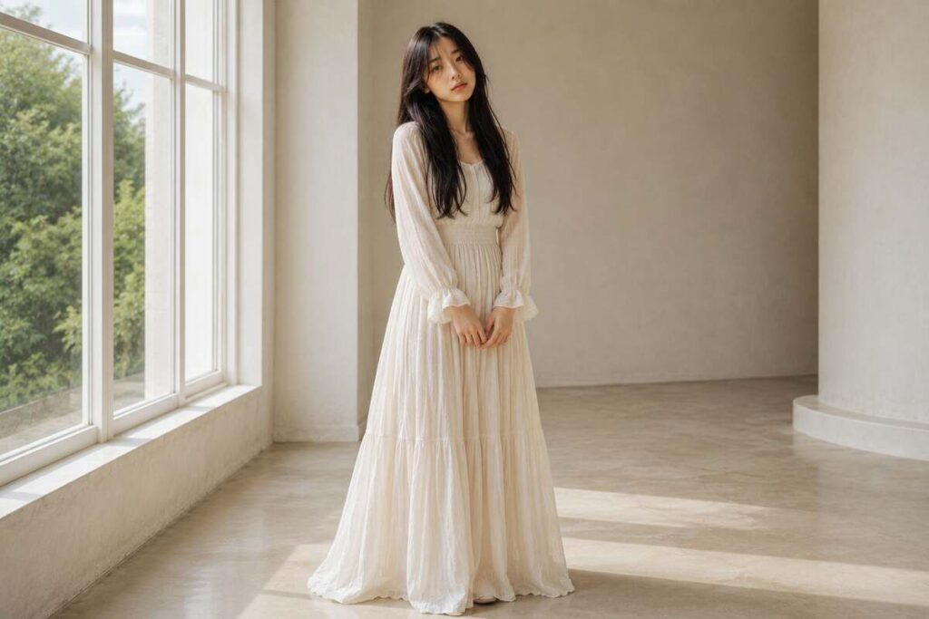Woman with long hair styled in soft wispy curtain bangs long hair framing her face