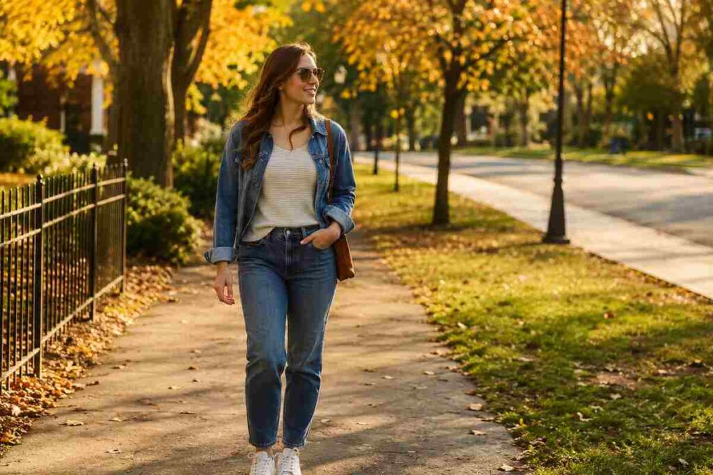 Woman wearing a denim jacket, styled as one of many 60 degree weather outfits