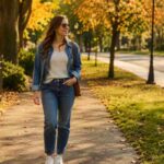 Woman wearing a denim jacket, styled as one of many 60 degree weather outfits