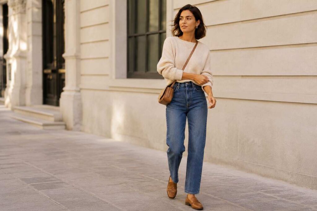 Woman wearing a cream Allison New York Adelle sweater with straight-leg jeans and brown loafers for a casual outfit