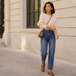 Woman wearing a cream Allison New York Adelle sweater with straight-leg jeans and brown loafers for a casual outfit