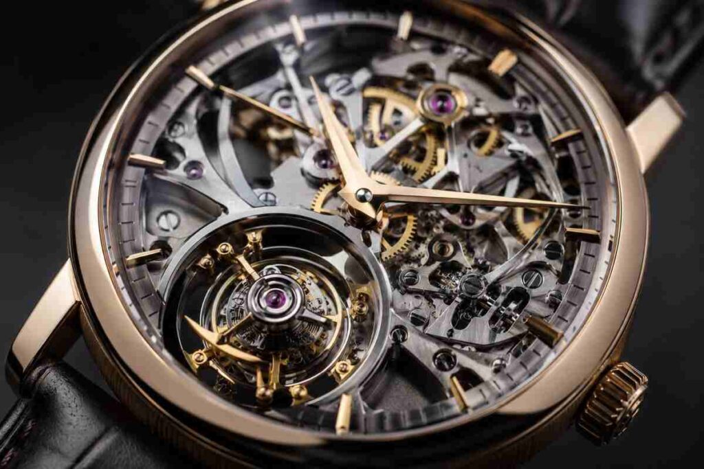 Close-up of an AP skeleton watch with open-worked movement and tourbillon detail