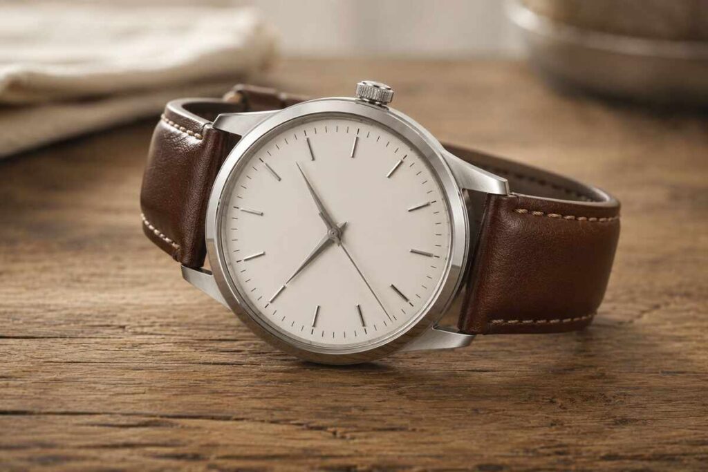 Bellevue Men's E55 watch with stainless steel case and brown leather strap on a wooden surface