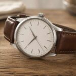 Bellevue Men's E55 watch with stainless steel case and brown leather strap on a wooden surface