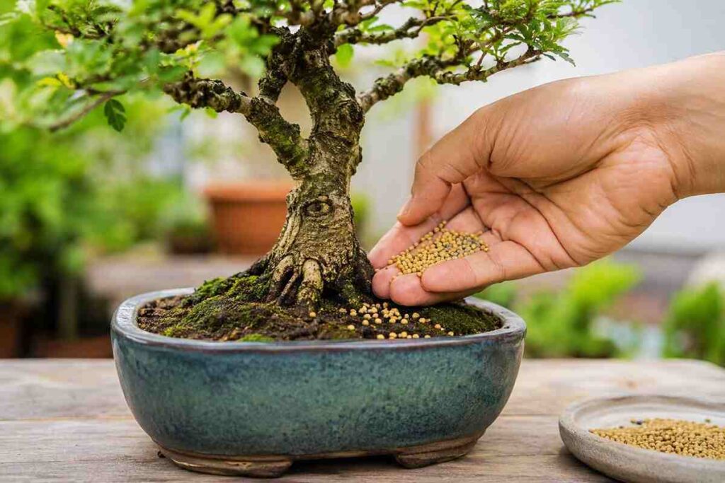 Hand applying granular bonsai fertilizer to the soil of a potted bonsai tree