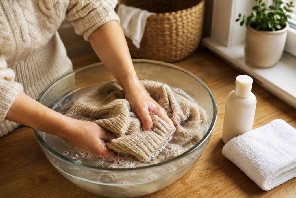 How to wash wool sweater by hand in soapy water with conditioner