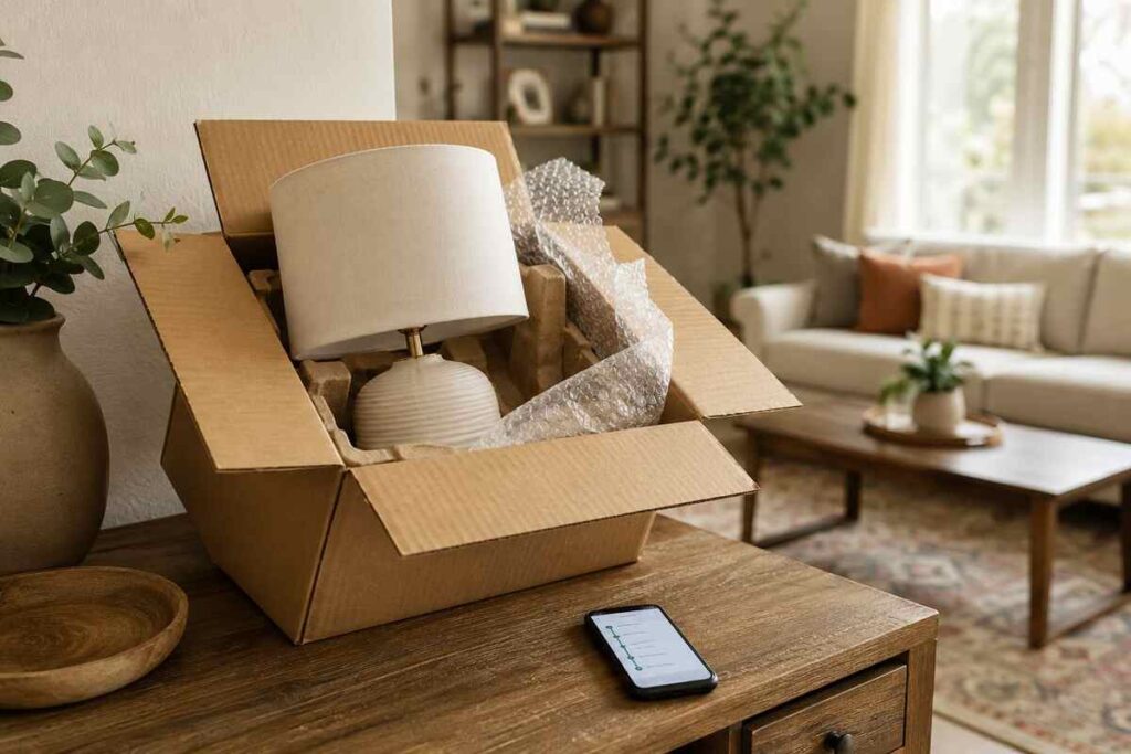 Lamps4U table lamp being unboxed from a delivery package at home