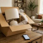 Lamps4U table lamp being unboxed from a delivery package at home