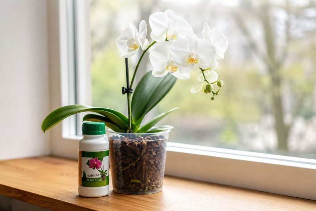 White Phalaenopsis orchid in bark mix beside a bottle of orchid specific fertilizer on a windowsill