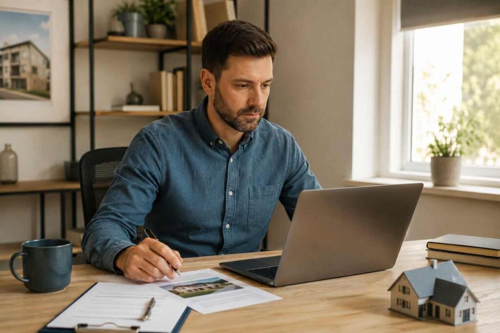 Landlord reviewing property management news and rental law updates on a laptop