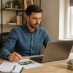 Landlord reviewing property management news and rental law updates on a laptop