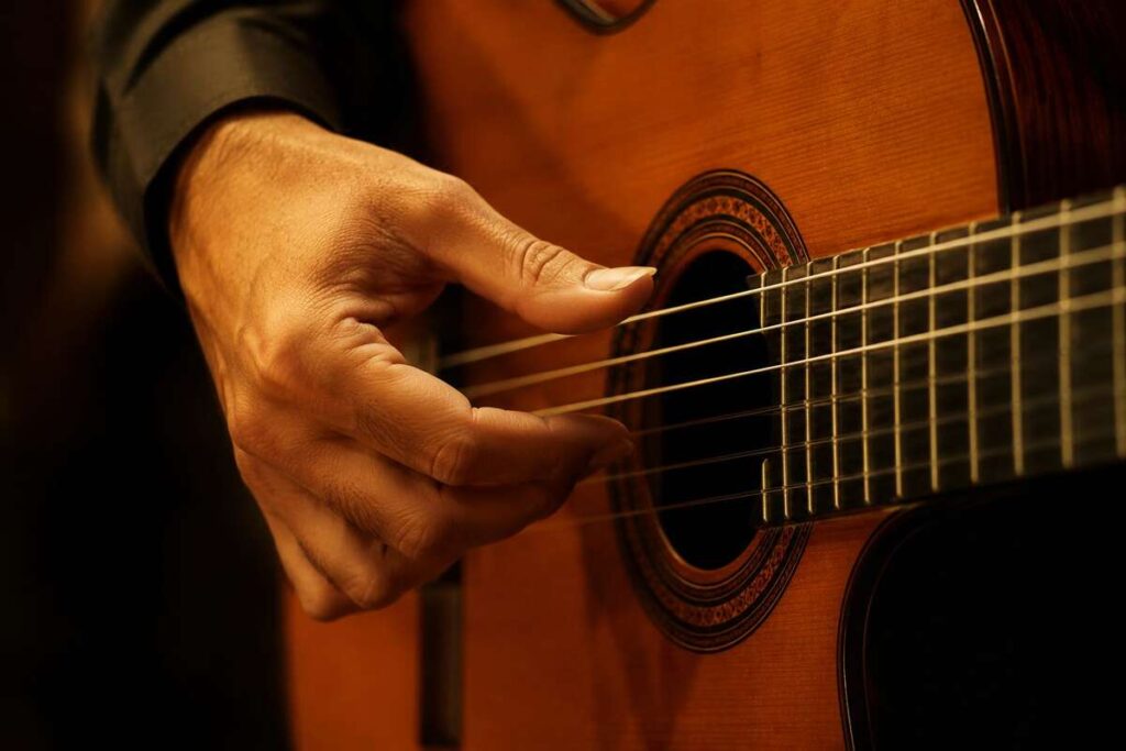 Flamenco guitarist's right hand performing the pulsamento technique near the soundhole