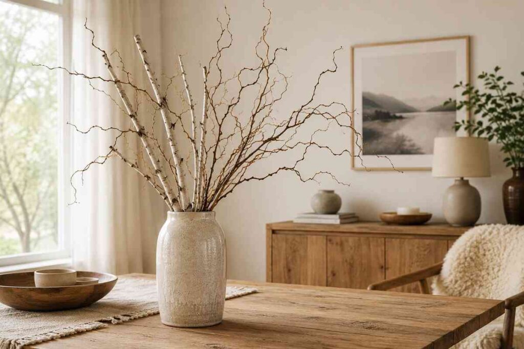 Tall ceramic vase with curly birch pyntekvister branches on a rustic wooden table