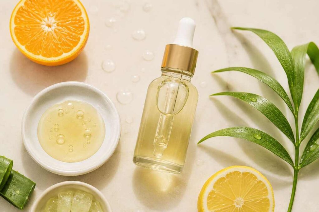 Serumcu serum bottle with skincare ingredients like vitamin C and aloe vera on a marble background