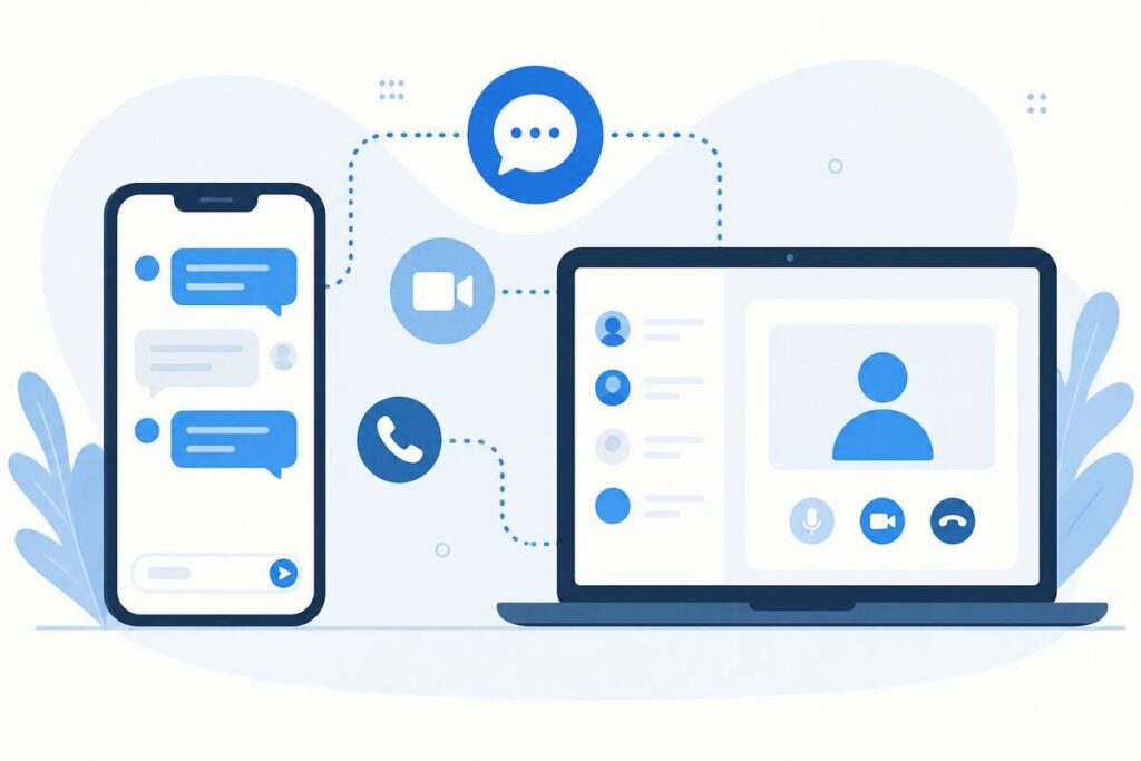 Illustration of Skaipi-style messaging, video calls, and voice calls across phone and laptop