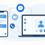 Illustration of Skaipi-style messaging, video calls, and voice calls across phone and laptop